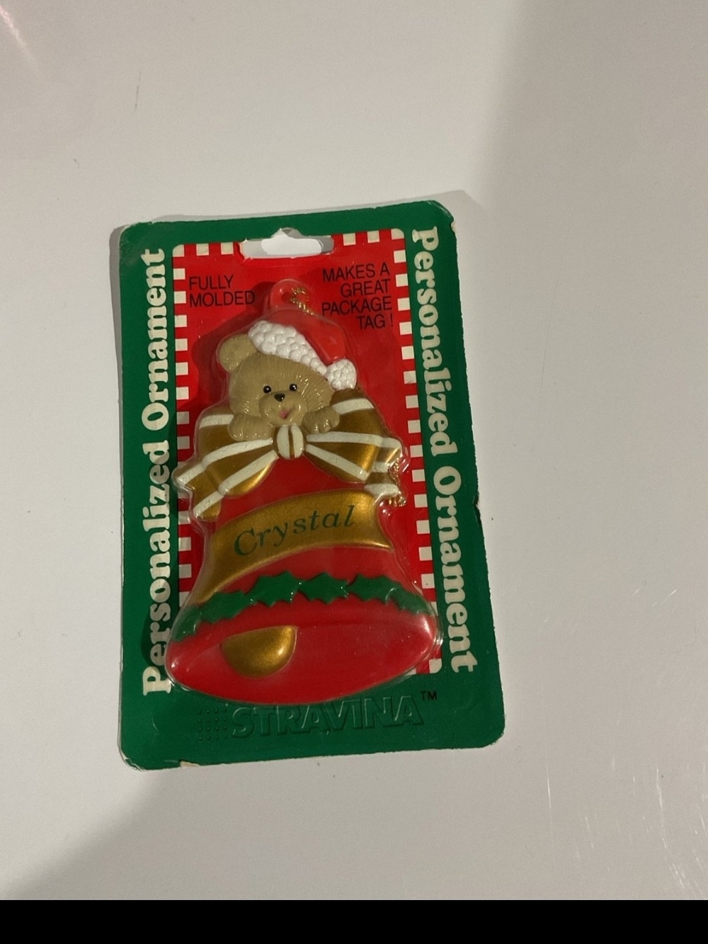 Vintage 1998 Bear Bell Plastic Ornament “crystal” Personalized Shatterproof.